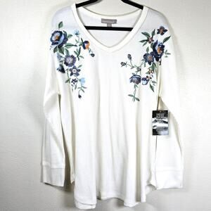 Woman Within Thermal Top Women's L 18/20White Floral Embroidered Casual NEW